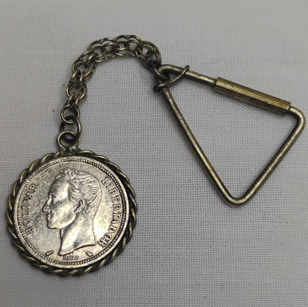 Vintage 1965 Venezuela Bolivar Libertador Barre Silver Coin Charm / Keychain 60s
